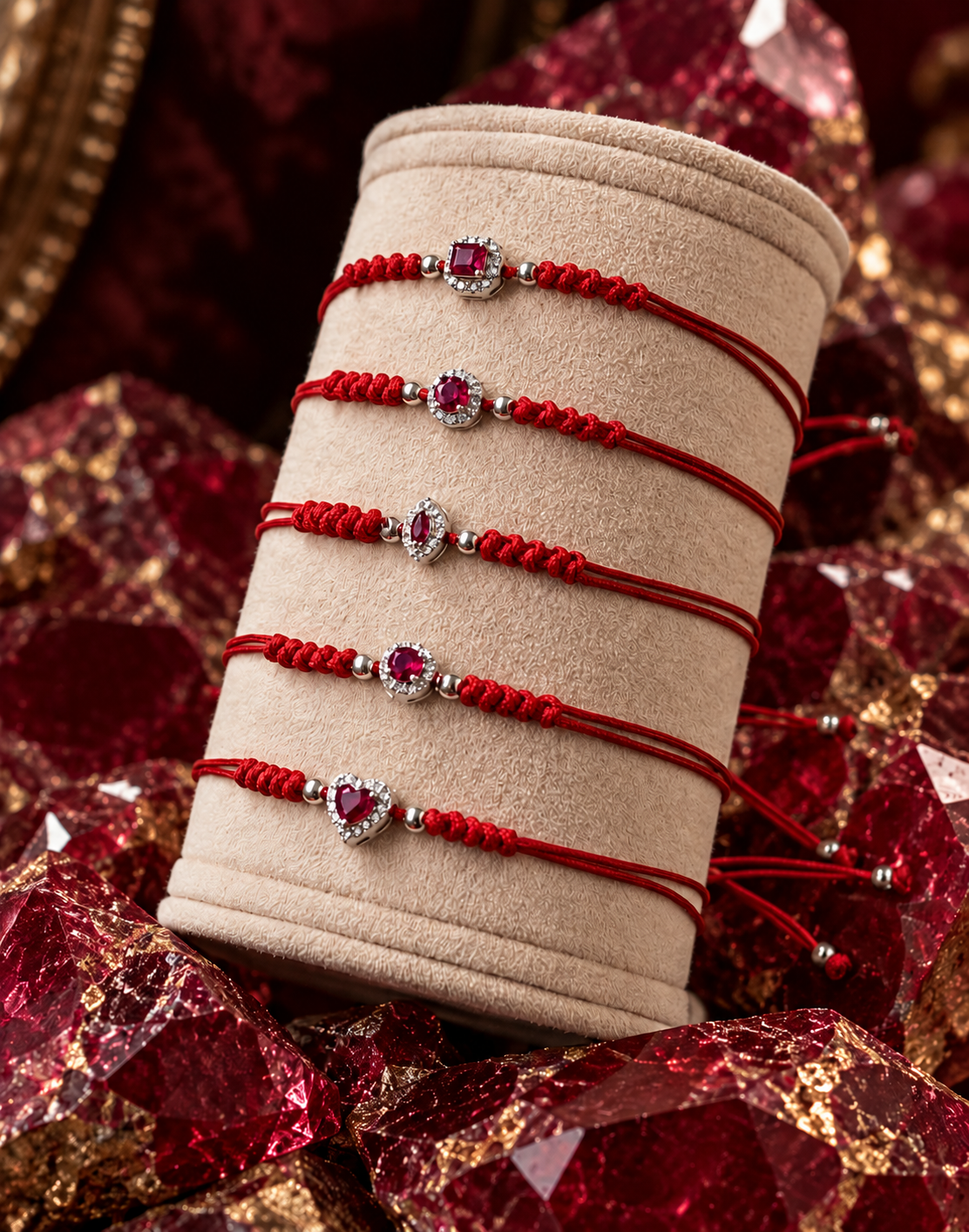 14K Gold Ruby and Diamonds Charm Red String Bracelet