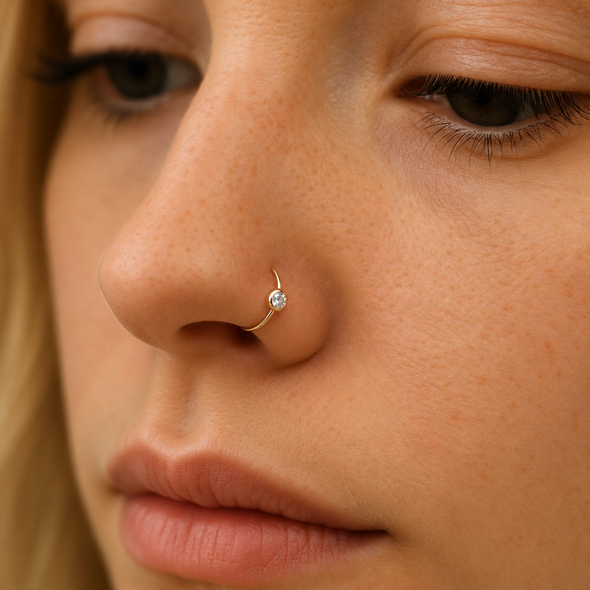 14K Gold Micro Bezel CZ Nose Hoop | Seamless Nose Ring