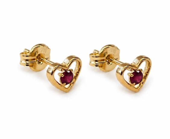 18K Earrings Plain Open Heart With Natural Ruby and Emerald