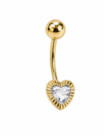 14K Gold Belly Piercing Diamond-Cut Bezel Heart Cubic Zirconia Stone
