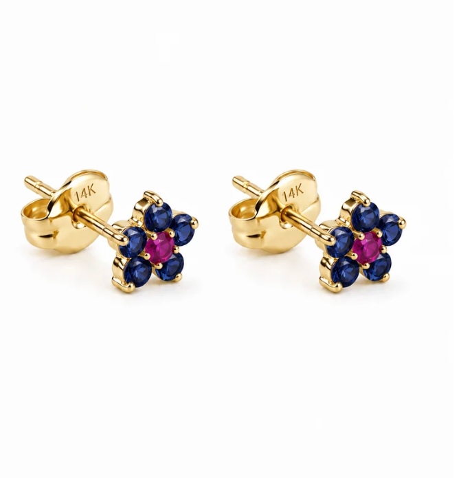 Natural Ruby & Emerald Floral Stud Earrings in Solid 18KT Gold
