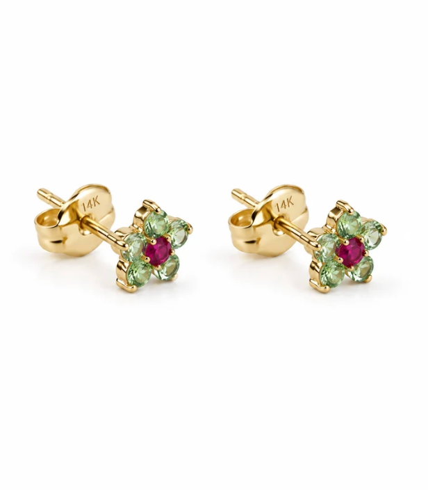 Natural Ruby & Emerald Floral Stud Earrings in Solid 18KT Gold