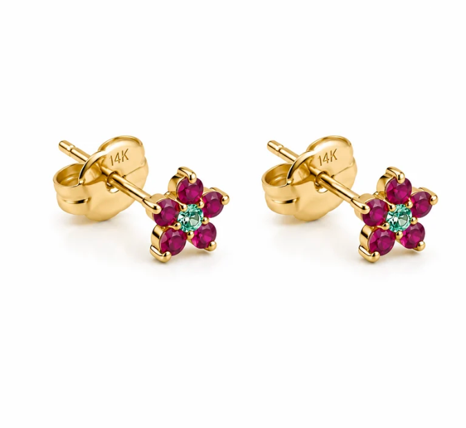 Natural Ruby & Emerald Floral Stud Earrings in Solid 18KT Gold
