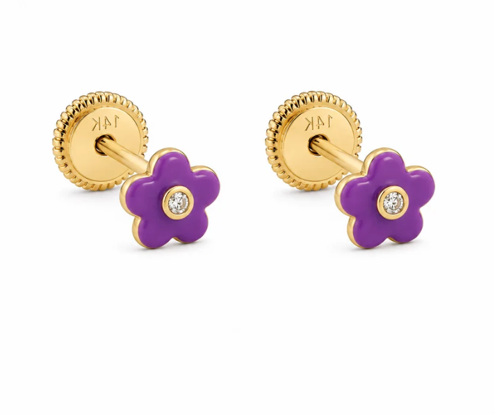 14K Gold Flower Enamel  Stud Earrings Cubic Zirconia.