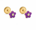 14K Gold Flower Enamel  Stud Earrings Cubic Zirconia.