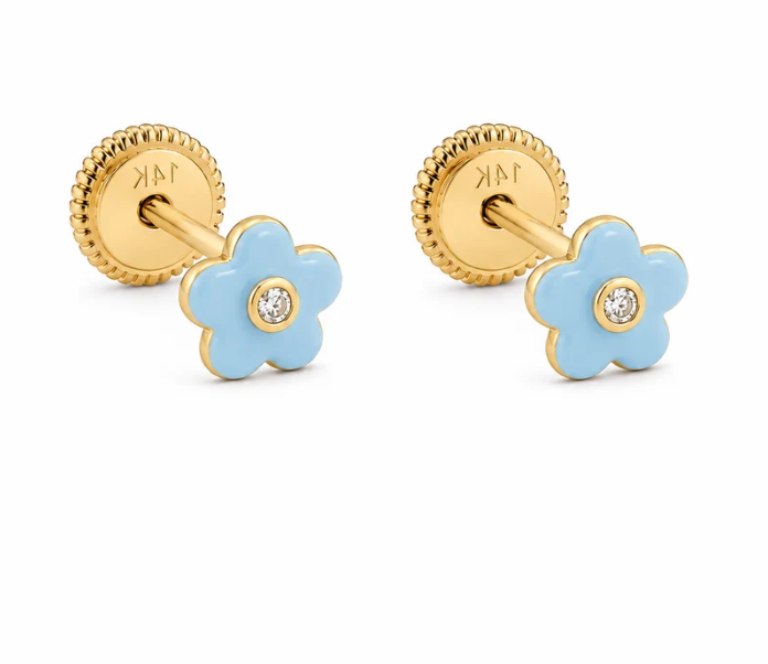 14K Gold Flower Enamel  Stud Earrings Cubic Zirconia.