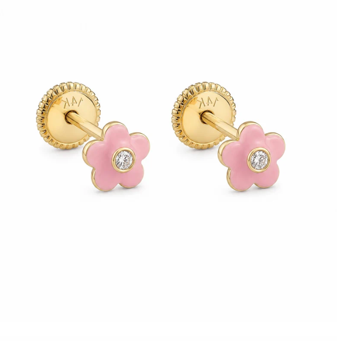 14K Gold Flower Enamel  Stud Earrings Cubic Zirconia.