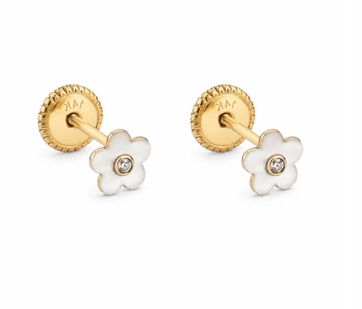14K Gold Flower Enamel  Stud Earrings Cubic Zirconia.