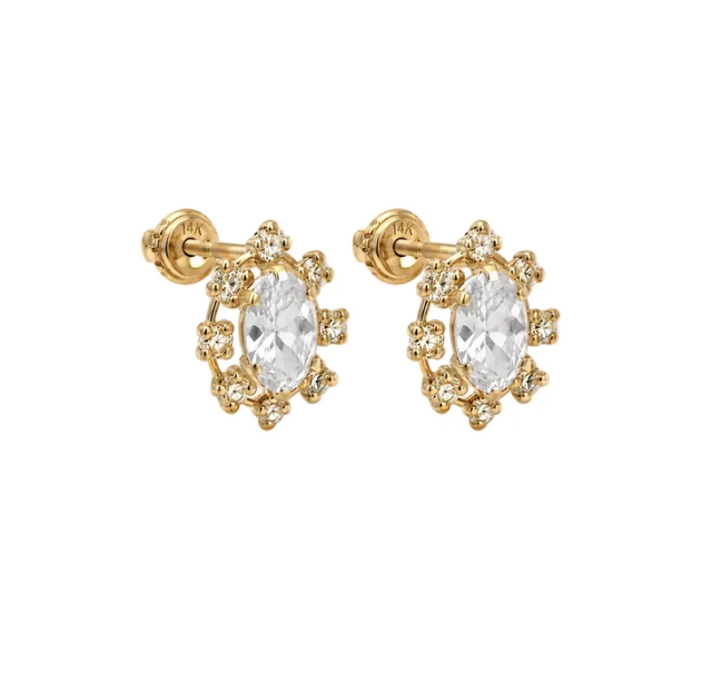 14K Gold Cubic Zirconia Mirrow Stone Oval Stud Earrings