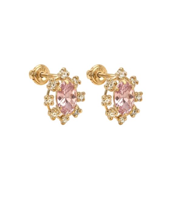 14K Gold Cubic Zirconia Mirrow Stone Oval Stud Earrings