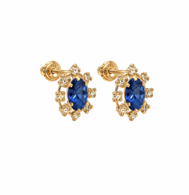 14K Gold Cubic Zirconia Mirrow Stone Oval Stud Earrings
