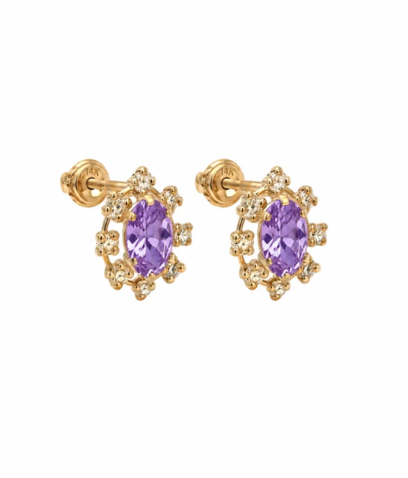 14K Gold Cubic Zirconia Mirrow Stone Oval Stud Earrings