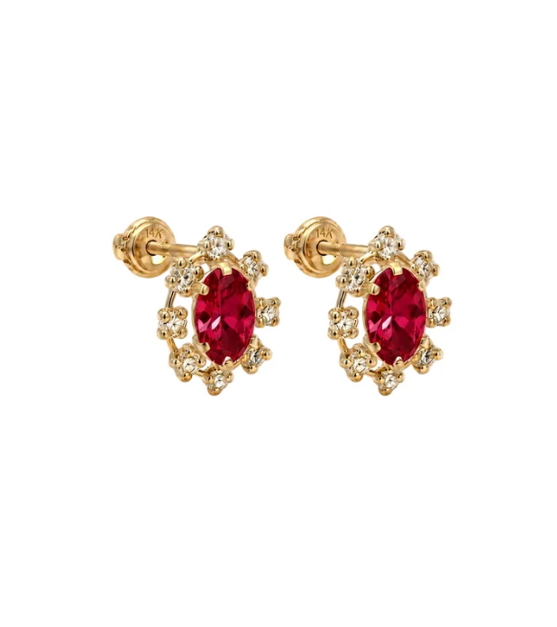 14K Gold Cubic Zirconia Mirrow Stone Oval Stud Earrings
