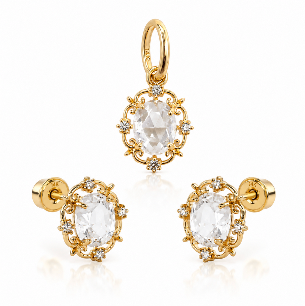 14K Gold Set  Earrings and Pendant  Mirror Design With a Oval Zirconia In The Middle.