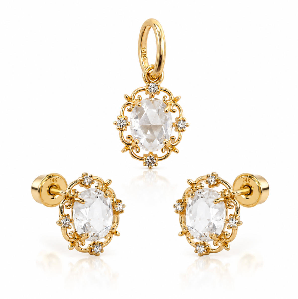 14K Gold Set  Earrings and Pendant  Mirror Design With a Oval Zirconia In The Middle.