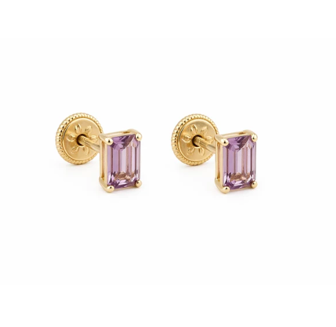 18K Gold-Geometric Elegance: Square-Cut Emerald and Amethyst Earrings