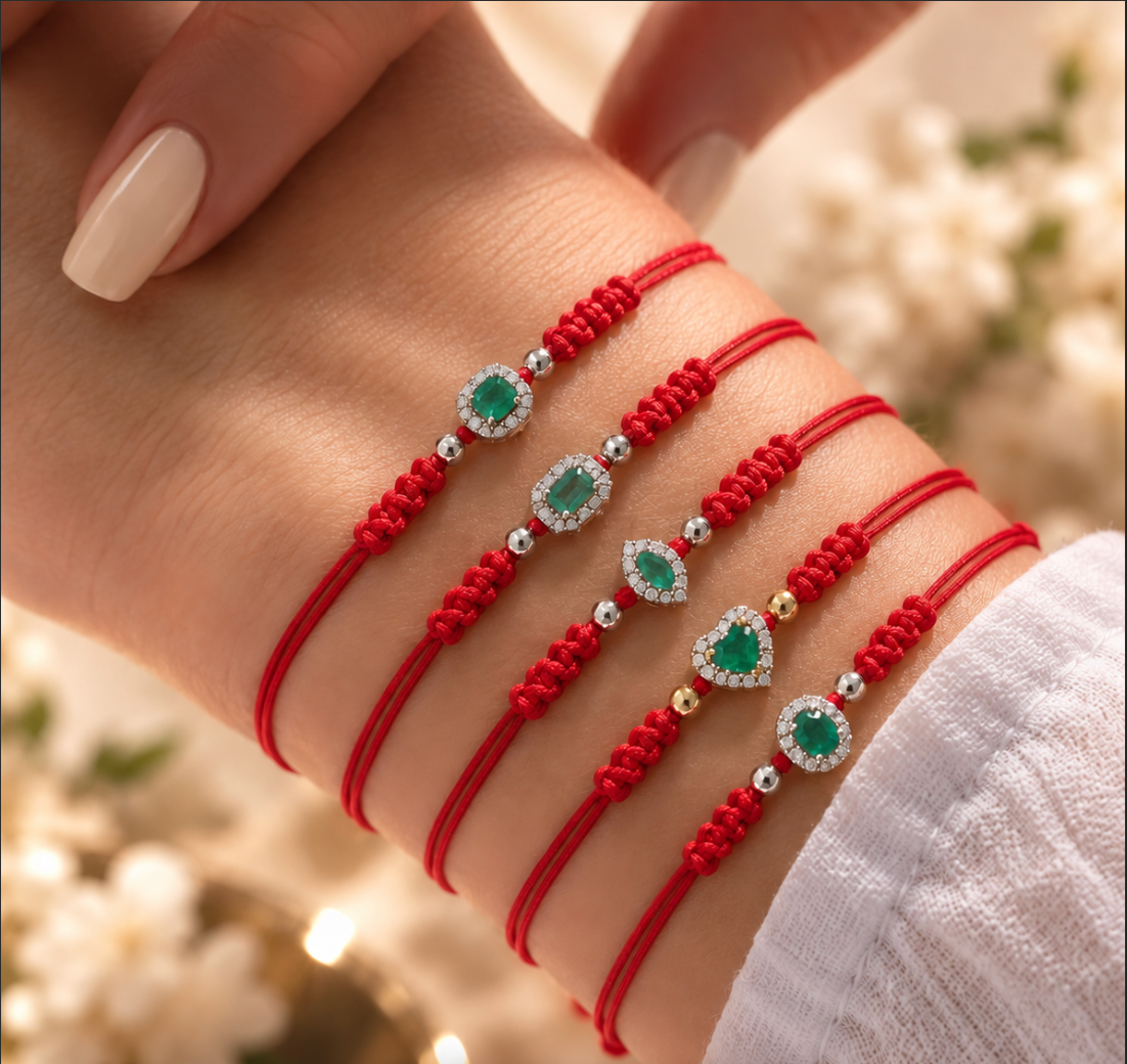 14K Gold Emerald and Diamonds Charm Red String Bracelet