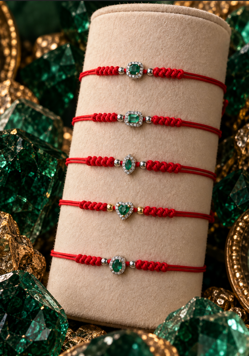 14K Gold Emerald and Diamonds Charm Red String Bracelet