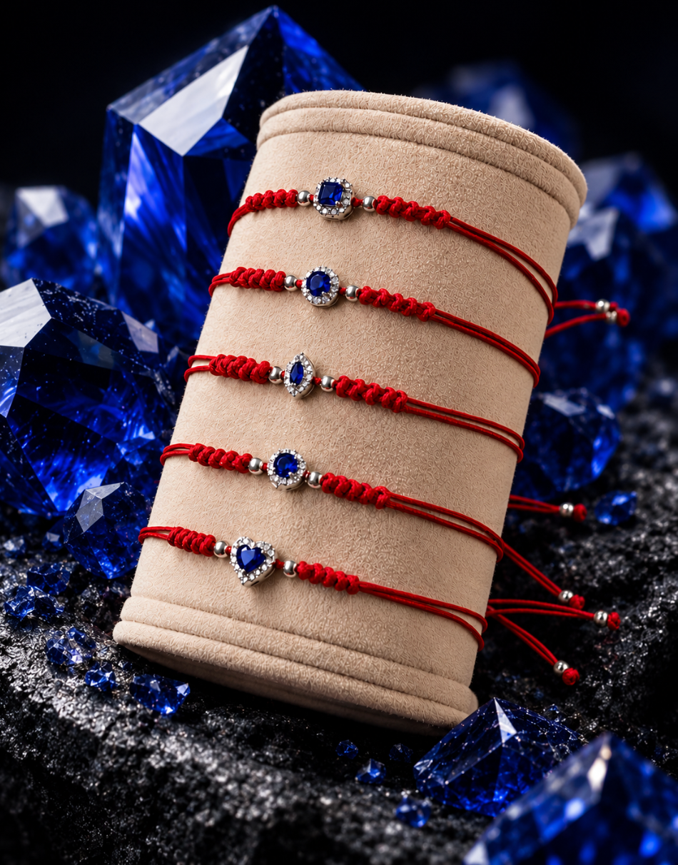 14K Gold Sapphire and Diamonds Charm Red String Bracelet.