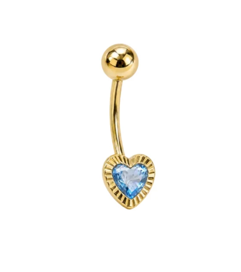 14K Gold Belly Piercing Diamond-Cut Bezel Heart Cubic Zirconia Stone