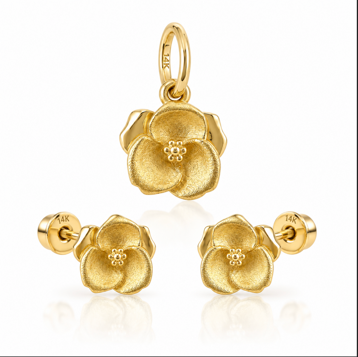 14K Gold Flower Set Earrings and Pendant