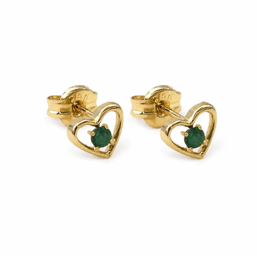 18K Earrings Plain Open Heart With Natural Ruby and Emerald