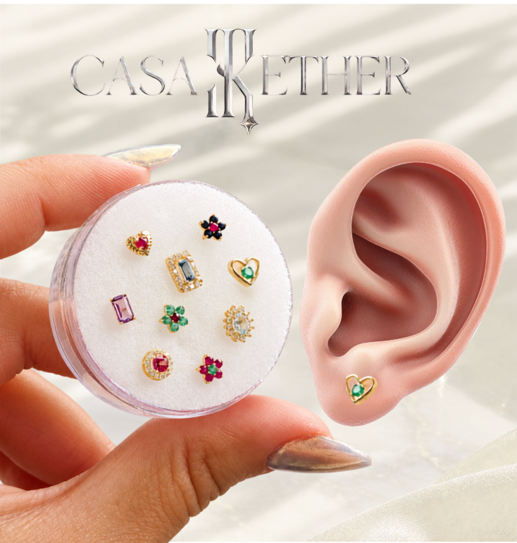 18K Earrings Plain Open Heart With Natural Ruby and Emerald