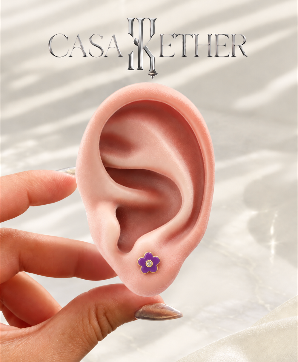 14K Gold Flower Enamel  Stud Earrings Cubic Zirconia.