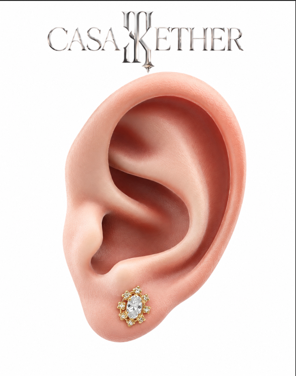 14K Gold Set  Earrings and Pendant  Mirror Design With a Oval Zirconia In The Middle.