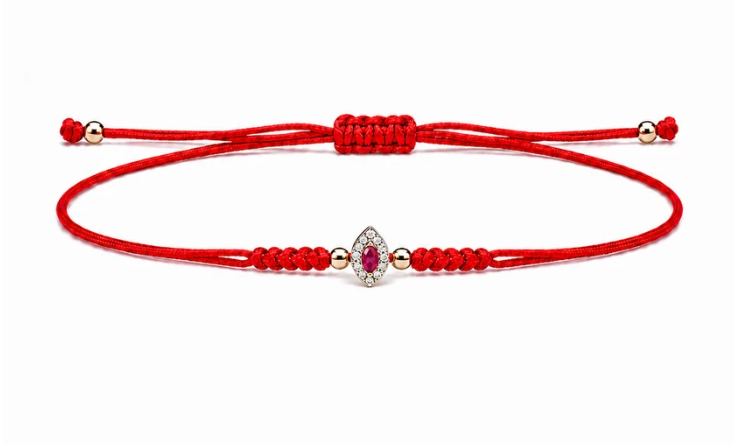 14K Gold Ruby and Diamonds Charm Red String Bracelet