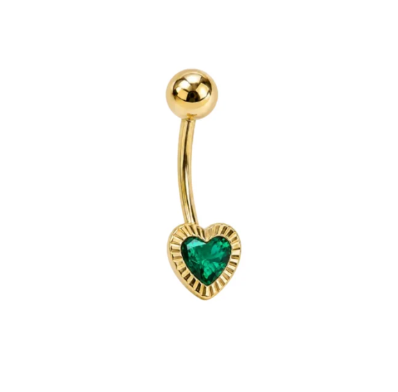 14K Gold Belly Piercing Diamond-Cut Bezel Heart Cubic Zirconia Stone