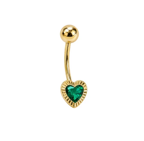 14K Gold Belly Piercing Diamond-Cut Bezel Heart Cubic Zirconia Stone