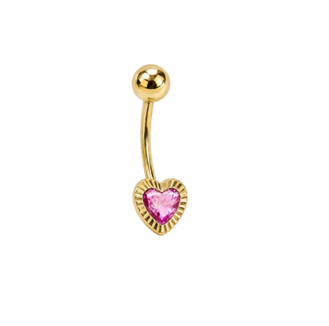 14K Gold Belly Piercing Diamond-Cut Bezel Heart Cubic Zirconia Stone